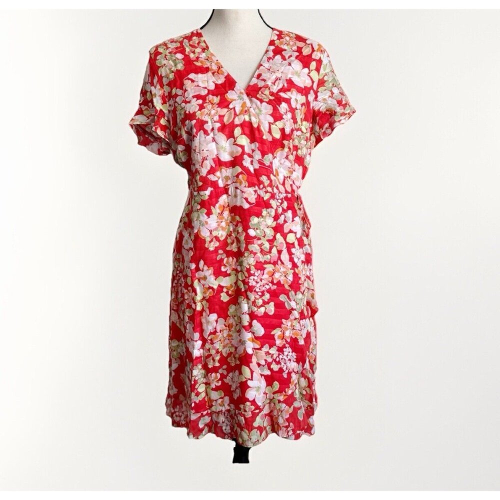J. Jill Red Floral Wrap Dress Small Ruffle Short Flutter Sleeve Cottagecore